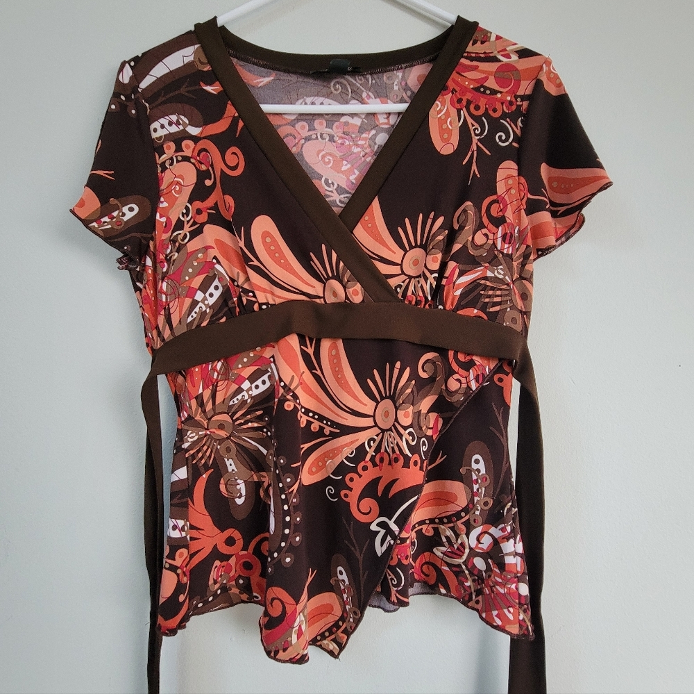 A. Byer Y2K Faux Wrap Babydoll Floral Chocolate Brown Top Women's Size M 90's